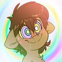 Size: 2000x2000 | Tagged: safe, artist:fluffyxai, oc, oc only, oc:spirit wind, earth pony, pony, abstract background, chest fluff, drool, drool on mouth, fetish, freckles, high res, hypno eyes, hypnosis, hypnosis fetish, hypnotized, kaa eyes, male, solo, stallion, sweat, sweatdrop