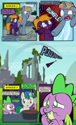 Size: 1920x3168 | Tagged: safe, artist:alexdti, spike, oc, oc:brainstorm (alexdti), oc:purple creativity, oc:star logic, dragon, pegasus, pony, unicorn, comic:quest for friendship, g4, sparkle's seven, uprooted, about to cry, dialogue, ears back, female, flying, folded wings, glasses, glowing, glowing horn, high res, hooves, horn, magic, male, mare, misspelling, narrowed eyes, open mouth, open smile, outdoors, pegasus oc, pinpoint eyes, raised hoof, raised leg, smiling, speech bubble, spoon, spread wings, stallion, standing, telekinesis, twinkle in the sky, underhoof, unicorn oc, wavy mouth, wings