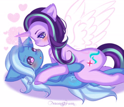 Size: 2964x2576 | Tagged: safe, artist:monstrum, starlight glimmer, trixie, pony, unicorn, g4, cute, duo, duo female, female, heart, high res, horn, hug, lesbian, magic, mare, ship:startrix, shipping