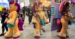 Size: 1156x612 | Tagged: safe, sunny starscout, earth pony, human, pony, anthro, g5, official, 2022, bag, brand licensing europe, fursuit, irl, irl human, mane stripe sunny, mascot, mascot costume, multiple angles, photo, reference sheet, side view, smiling, tail