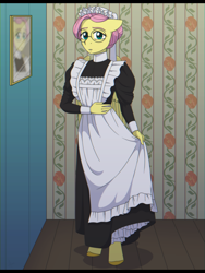 Size: 1920x2560 | Tagged: safe, artist:whitequartztheartist, fluttershy, pegasus, anthro, unguligrade anthro, g4, alternate hairstyle, anime reference, clothes, dress, emma, emma (manga), fluttermaid, glasses, maid, mirror, solo