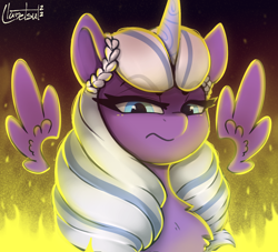 Size: 970x880 | Tagged: safe, artist:llametsul, opaline arcana, alicorn, pony, g5, my little pony: make your mark, spoiler:g5, spoiler:my little pony: make your mark, colored, disgusted, eyebrows, eyebrows visible through hair, female, fire, floating wings, frown, looking at you, looking down, looking down at you, mare, signature, solo, wings