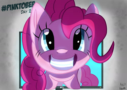 Size: 1754x1240 | Tagged: safe, artist:ace play, part of a set, pinkie pie, earth pony, pony, g4, adoracreepy, breaking the fourth wall, creepy, cute, female, grin, looking at you, mare, monitor, pinkie being pinkie, smiling, solo
