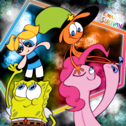 Size: 1280x1280 | Tagged: safe, artist:ema0rsully, pinkie pie, earth pony, human, g4, bubbles (powerpuff girls), crossover, crossover nexus, dimensional shenanigans, mass crossover, spongebob squarepants, the powerpuff girls, wander (wander over yonder), wander over yonder