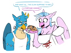 Size: 1340x996 | Tagged: safe, artist:redxbacon, gallus, silverstream, griffon, hippogriff, anthro, my little pony: the movie, blue fur, breasts, chinese takeout container, clam, cleavage, clothes, cookie, dialogue, duo, feathered wings, food, frankenstein's monster, fur, holding, long hair, open mouth, purple fur, stitches, talking, text, wings