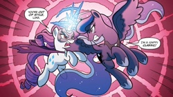 Size: 1334x750 | Tagged: safe, artist:tonyfleecs, princess luna, rarity, alicorn, pony, unicorn, idw, ponies of dark water, spoiler:comic, cape, clothes, crossed horns, dialogue, doctor doomity, duo, female, fight, horn, horns are touching, mare, mask, red eyes