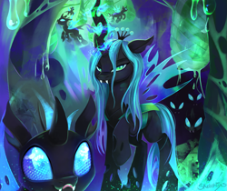 Size: 2387x2008 | Tagged: safe, artist:sketchiix3, queen chrysalis, changeling, changeling queen, changeling hive, cocoon, crown, cute, cuteling, fangs, female, glowing, glowing horn, horn, jewelry, lidded eyes, looking at you, raised hoof, regalia, smiling