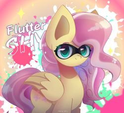 Size: 2300x2100 | Tagged: safe, artist:miryelis, fluttershy, pegasus, pony, colored, crossover, looking at you, mask, smiling, smiling at you, solo, splatoon, standing, text, wings