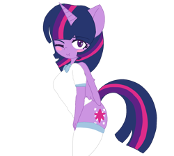 Size: 1294x1161 | Tagged: safe, alternate version, twilight sparkle, alicorn, anthro, blushing, clothes, female, no source available, one eye closed, school uniform, schoolgirl, side view, simple background, solo, solo female, thigh socks, transparent background, twilight sparkle (alicorn), wing fluff, wings, wink