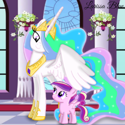 Size: 900x900 | Tagged: safe, artist:mlplary6, princess cadance, princess celestia, alicorn, pegasus, female, filly, foal, mare, smiling, young cadance