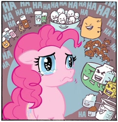 Size: 750x779 | Tagged: safe, artist:carla speed mcneil, idw, pinkie pie, earth pony, pony, g4, my little pony: friends forever, spoiler:comic, bowl, cheese, egg, female, flour sack, food, laughing, mare, measuring cup, milk carton, mixing bowl, panic, sad, solo, teary eyes