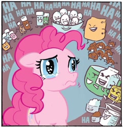 Size: 750x779 | Tagged: safe, artist:carla speed mcneil, idw, official comic, pinkie pie, earth pony, pony, g4, my little pony: friends forever, spoiler:comic, bowl, cheese, egg, female, flour sack, food, laughing, mare, measuring cup, milk carton, mixing bowl, panic, sad, solo, teary eyes