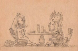 Size: 1000x662 | Tagged: safe, artist:adeptus-monitus, fluttershy, trixie, alicorn, pegasus, pony, g4, alicornified, drink, drinking, eyes closed, monochrome, race swap, talking, traditional art, trixiecorn