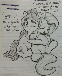Size: 883x1080 | Tagged: safe, artist:whiskeypanda, fluttershy, tree hugger, earth pony, pegasus, pony, g4, bandana, cute, dialogue, duo, female, fluttertree, folded wings, hug, i'd like to be a tree, ink, ink drawing, lesbian, lined paper, mare, one eye closed, open mouth, open smile, ship:flutterhugger, shipping, shyabetes, sitting, smiling, speech bubble, traditional art, wings