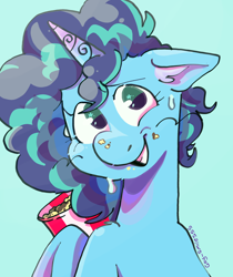 Size: 3280x3904 | Tagged: safe, artist:gay_smilesss, misty brightdawn, pony, unicorn, g5, my little pony: make your mark, female, floppy ears, food, grin, high res, mare, nervous, nervous smile, popcorn, simple background, smiling, that pony sure does love popcorn