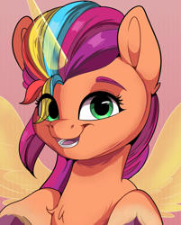Size: 1600x1990 | Tagged: safe, artist:joaothejohn, sunny starscout, alicorn, earth pony, pony, g5, my little pony: a new generation, artificial horn, artificial wings, augmented, chest fluff, colored eyebrows, commission, cute, eye clipping through hair, eyebrows, female, hooves, horn, looking at you, magic, magic horn, mane stripe sunny, mare, multicolored mane, open mouth, open smile, race swap, simple background, smiling, smiling at you, solo, sunnycorn, unshorn fetlocks, wings