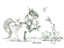 Size: 1400x1051 | Tagged: safe, artist:baron engel, fluttershy, bird, duck, pegasus, pony, g4, earmuffs, female, leaves, mare, monochrome, pencil drawing, simple background, solo, traditional art, white background