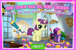 Size: 1960x1292 | Tagged: safe, gameloft, idw, lime slice, pony, unicorn, g4, my little pony: magic princess, advertisement, book, bookmark, bow, coin, english, female, filly, foal, gem, hair bow, idw showified, numbers, quill, solo, tail, telescope, text