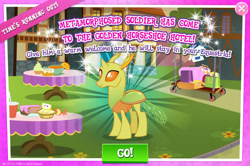 Size: 1954x1298 | Tagged: safe, gameloft, clypeus, changedling, changeling, g4, my little pony: magic princess, background changeling, english, introduction card, solo, text