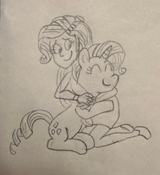 Size: 2473x2716 | Tagged: safe, rarity, human, pony, unicorn, equestria girls, g4, eyes closed, high res, hug, human ponidox, self paradox, self ponidox, sketch, smiling, traditional art