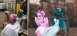Size: 2670x1280 | Tagged: safe, artist:ijustmari, princess cadance, queen chrysalis, alicorn, changeling, human, anthro, g4, bench, blurry background, car, cellphone, cigarette, clothes, cosplay, costume, dress, duo, duo female, eating, female, floral head wreath, flower, food, gloves, hand on shoulder, horn, irl, irl human, jewelry, leaning forward, looking at you, looking away, makeup, multicolored hair, phone, photo, sandwich, sitting, smartphone, smoking, tiara, veil, wedding dress, white dress, window, wings, wristband