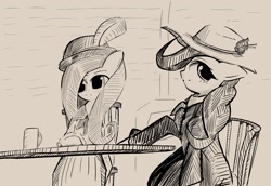 Size: 2338x1610 | Tagged: safe, artist:solid shrimp, fluttershy, pinkie pie, earth pony, pegasus, pony, g4, clothes, dress, gibson girl, hat, hatching (technique), pinktober, pinktober 22, table