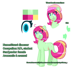 Size: 1852x1642 | Tagged: safe, alternate version, artist:lindasaurie, edit, oc, oc only, oc:strawi dinosaur, earth pony, pony, beanie, bio, earth pony oc, eye clipping through hair, female, hat, injured, looking at you, mare, ponysona, reference sheet, simple background, smiling, solo, transparent background