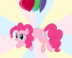 Size: 1250x1000 | Tagged: safe, artist:bjsampson, pinkie pie, earth pony, pony, g4, balloon, female, floating, grin, heart, heart balloon, looking at you, simple background, smiling, solo, sunburst background, then watch her balloons lift her up to the sky