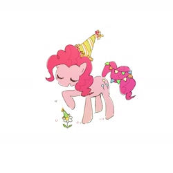 Size: 2400x2400 | Tagged: safe, artist:fuyugi, pinkie pie, earth pony, pony, g4, eyes closed, flower, hat, high res, open mouth, party hat, simple background, solo, white background