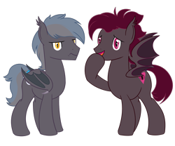 Size: 1200x1000 | Tagged: safe, artist:bjsampson, oc, oc only, oc:watchful eye, oc:winter sky, bat pony, bat pony oc, covering mouth, duo, frown, looking at you, male, simple background, smiling, transparent background