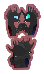 Size: 1200x2000 | Tagged: safe, artist:bjsampson, oc, oc only, oc:coxa, oc:mimesis, changeling, blue changeling, changeling oc, duo, fangs, holding hooves, hug, male, red changeling, simple background, smiling, transparent background