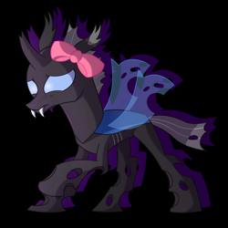 Size: 3000x3000 | Tagged: safe, artist:bjsampson, oc, oc only, oc:base, changeling, nymph, black background, bow, changeling oc, fangs, female, high res, nervous, raised hoof, scared, simple background, solo