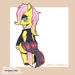 Size: 1200x1200 | Tagged: safe, artist:cold-blooded-twilight, fluttershy, pony, g4, bipedal, blank flank, blushing, clothes, dress, ear piercing, eyeshadow, female, filly, fluttergoth, foal, folded wings, goth, looking back, makeup, messy hair, piercing, signature, solo, wings