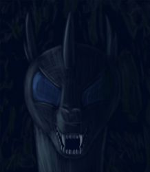 Size: 750x862 | Tagged: safe, artist:bjsampson, changeling, changeling drone, dark, dark background, fangs, looking at you, open mouth, sharp teeth, spooky, teeth