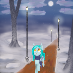 Size: 2000x2000 | Tagged: safe, artist:bjsampson, oc, oc only, oc:claire de lune, bat pony, bricks, clothes, cloud, detailed background, female, fog, high res, lamppost, moon, night, night sky, scarf, sky, snow, snowfall, solo, tongue out, tree