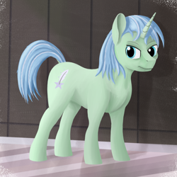 Size: 1200x1200 | Tagged: safe, artist:bjsampson, oc, oc only, oc:peer review, oc:saccu, pony, unicorn, disguise, disguised changeling, grumpy, male, solo, wooden floor