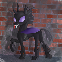 Size: 1200x1200 | Tagged: safe, artist:bjsampson, oc, oc only, oc:saccu, changeling, asphalt, brick wall, changeling oc, fangs, hissing, looking back, male, purple changeling, raised leg, solo, tongue out