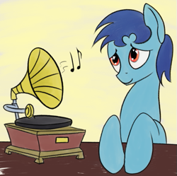 Size: 501x498 | Tagged: safe, artist:bjsampson, oc, oc only, oc:swordy, earth pony, pony, listening to music, male, music, phonograph, smiling, solo