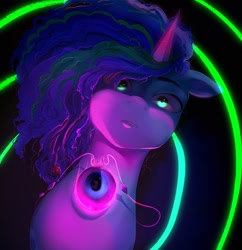 Size: 1160x1200 | Tagged: safe, artist:aztrial, misty brightdawn, pony, unicorn, dragon dad, g5, my little pony: tell your tale, spoiler:tyts01e29, glowing, jewelry, medallion, necklace, scene interpretation, solo, spooky, stunned