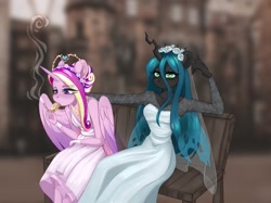 Size: 2405x1800 | Tagged: safe, artist:ijustmari, princess cadance, queen chrysalis, alicorn, changeling, anthro, g4, bench, blurry background, cigarette, clothes, dress, duo, duo female, eating, female, floral head wreath, flower, food, gloves, hand on shoulder, horn, jewelry, leaning forward, looking at you, looking away, makeup, multicolored hair, sandwich, sitting, smoking, tiara, veil, wedding dress, white dress, wings, wristband