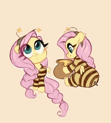 Size: 1642x1814 | Tagged: safe, artist:ijustmari, fluttershy, pegasus, pony, g4, animal costume, bee costume, beige background, braid, braided tail, clothes, costume, cute, eye clipping through hair, female, floppy ears, flutterbee, food, honey, looking at something, looking up, pot, shyabetes, simple background, sitting, small wings, smiling, solo, stinger, tail, wings