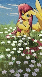 Size: 817x1497 | Tagged: safe, artist:lendftcn, angel bunny, fluttershy, pegasus, pony, rabbit, g4, animal, duo, female, field, film grain, floppy ears, flower field, holding a bunny, mare, smiling