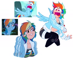 Size: 1843x1516 | Tagged: safe, artist:l4zy_4le, screencap, rainbow dash, human, pegasus, pony, daring don't, g4, no second prances, abs, bandage, clothes, cutie mark on clothes, ear piercing, earring, faic, female, fit, grin, hoodie, humanized, jewelry, midriff, muscles, open mouth, piercing, pinpoint eyes, rainbow dash is best facemaker, rainbow dashs coaching whistle, scene interpretation, screencap reference, shocked, shorts, simple background, slender, smiling, smirk, smug, smugdash, sports bra, stockings, thigh highs, thin, tomboy, whistle, whistle necklace, white background, wide eyes, winged humanization, wings