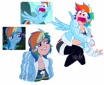 Size: 1843x1516 | Tagged: safe, artist:lazy-ale, screencap, rainbow dash, human, pegasus, pony, daring don't, no second prances, abs, bandage, clothes, cutie mark on clothes, ear piercing, earring, faic, grin, hoodie, humanized, jewelry, midriff, muscles, open mouth, piercing, rainbow dash is best facemaker, rainbow dashs coaching whistle, scene interpretation, screencap reference, shocked, shorts, shrunken pupils, simple background, smiling, smirk, smug, smugdash, sports bra, stockings, thigh highs, whistle, whistle necklace, white background, wide eyes, winged humanization, wings