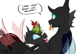 Size: 1902x1329 | Tagged: safe, artist:testostepone, oc, oc only, oc:coxa, oc:mimesis, changeling, anisocoria, blushing, book, changeling oc, fangs, gay, horn, interrupted, male, mistletoe, no source available, red changeling, simple background, tongue out, white background, wings