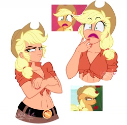 Size: 1584x1556 | Tagged: safe, artist:l4zy_4le, applejack, earth pony, human, pony, g4, going to seed, the crystal empire, applejack's hat, belly button, belt, breasts, cleavage, cowboy hat, crossed arms, faic, female, front knot midriff, grumpy, hat, humanized, midriff, muscles, nail polish, open mouth, scene interpretation, screencap reference, shocked, simple background, white background, wide eyes