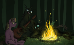 Size: 1874x1132 | Tagged: safe, artist:testostepone, oc, oc only, oc:ace shot, oc:coxa, oc:mimesis, changeling, pony, unicorn, anisocoria, campfire, changeling oc, fangs, female, forest, forest background, gay, guitar, looking at each other, looking at someone, lying down, lying on top of someone, male, musical instrument, no source available, playing instrument, red changeling, smiling