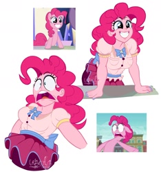 Size: 1682x1799 | Tagged: safe, artist:lazy-ale, screencap, pinkie pie, earth pony, human, pony, the gift of the maud pie, the one where pinkie pie knows, bowtie, breasts, busty pinkie pie, clothes, cute, diapinkes, faic, grin, happy, humanized, open mouth, pinkie pie is best facemaker, scene interpretation, screencap reference, shocked, simple background, skirt, smiling, white background, wide eyes