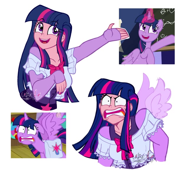 2961358 - safe, artist:lazy-ale, screencap, twilight sparkle, alicorn,  human, pony, a trivial pursuit, angry, clothes, faic, happy, humanized,  long sleeves, open mouth, open smile, pinpoint eyes, scene interpretation,  screencap reference, simple ...