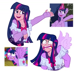 Size: 1516x1516 | Tagged: safe, artist:l4zy_4le, screencap, twilight sparkle, alicorn, human, pony, a trivial pursuit, g4, angry, clothes, faic, female, happy, humanized, long sleeves, open mouth, open smile, pinpoint eyes, scene interpretation, screencap reference, simple background, smiling, this is trivia trot, twilight sparkle (alicorn), twilighting, white background